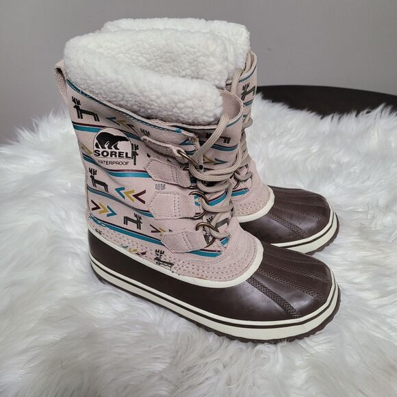 Sorel Caribou Boots Womens 5 Brown Pink Aztec Waterproof Insulated Sherpa Winter - Picture 1 of 8